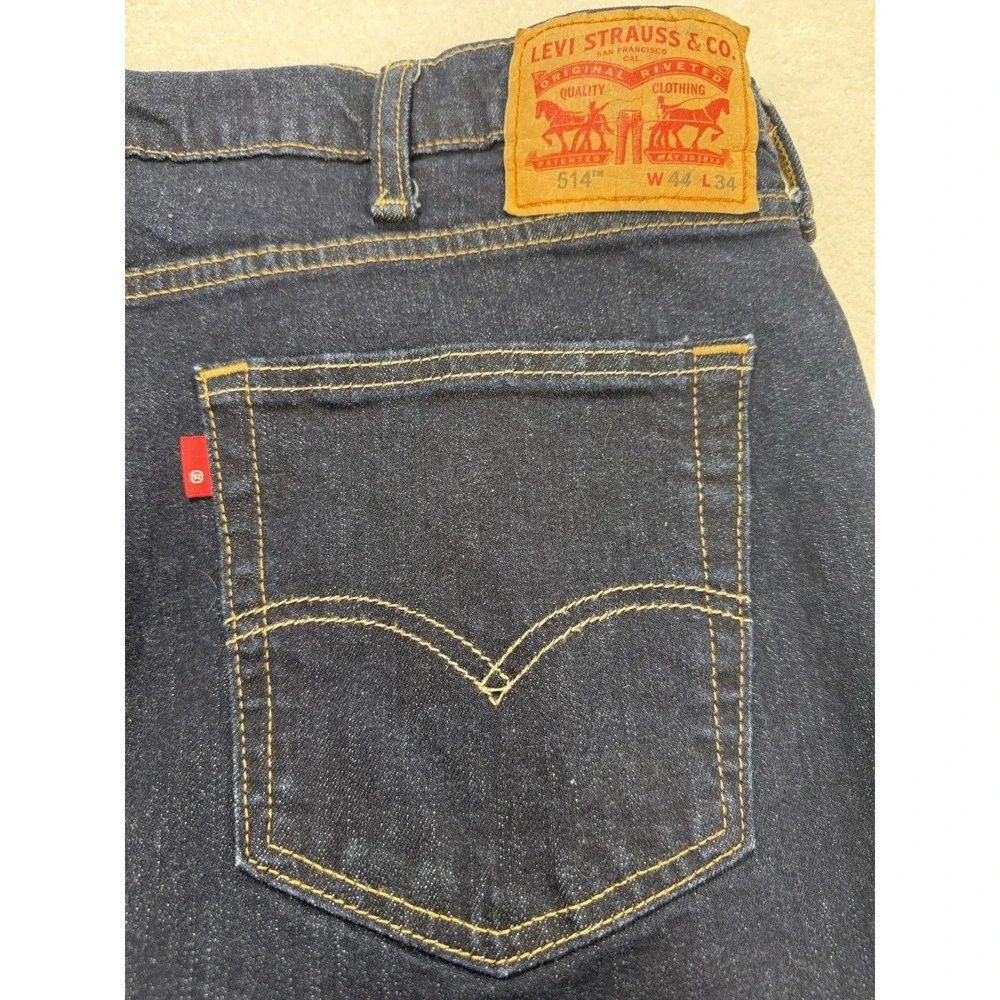 Levis 514 Jeans Men 44x34 Blue Straight Fit Flex Distressed Whiskered Dark Denim